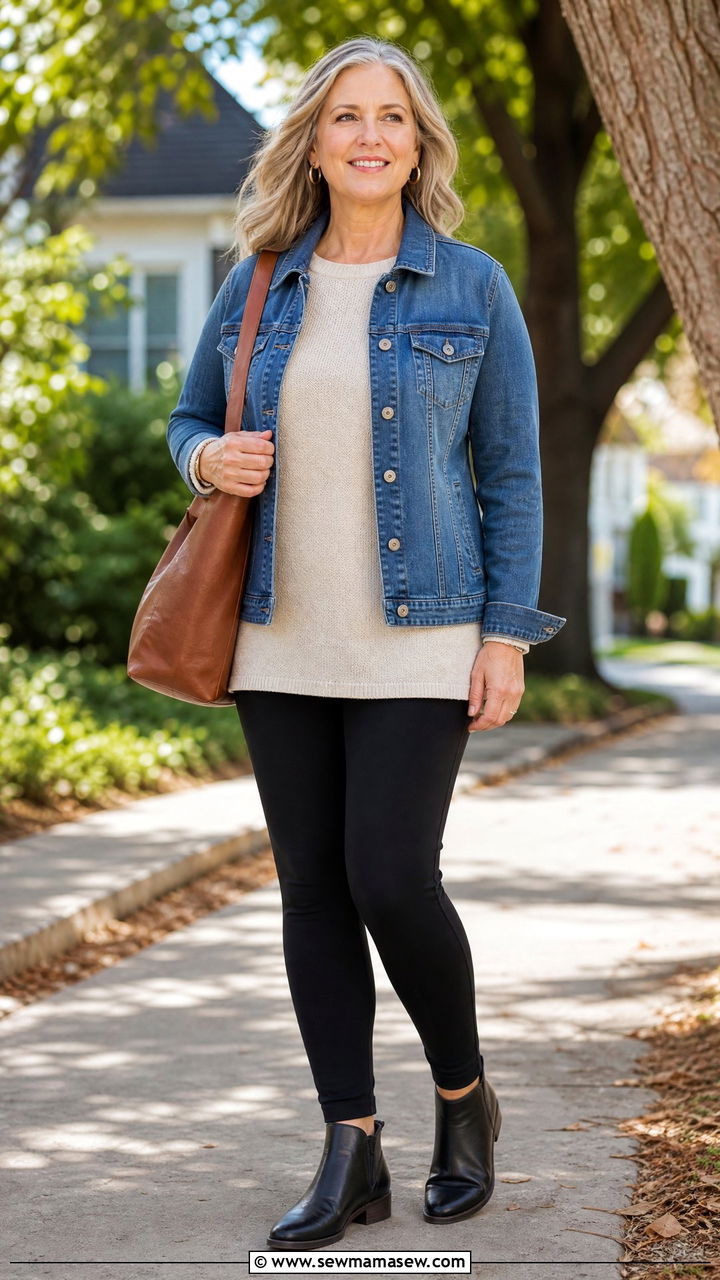Denim jacket with leggings and a tunic top - 25 How to style a denim jacket over 50