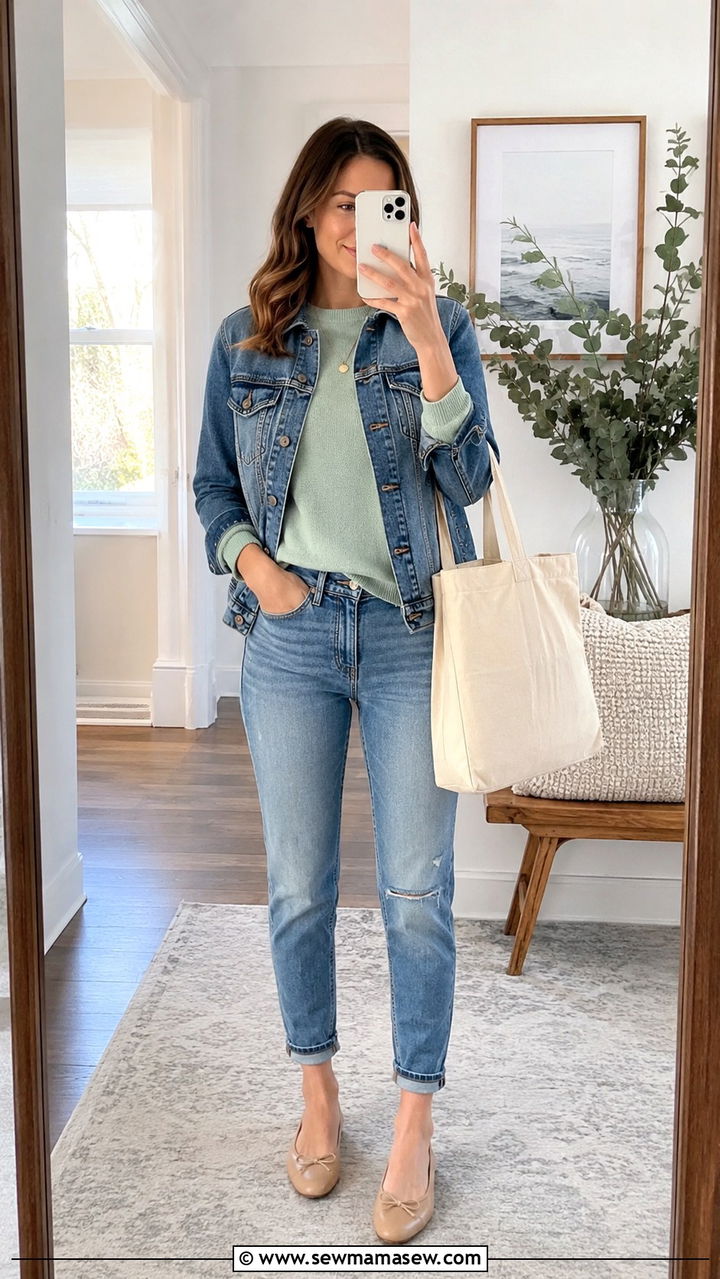 Denim jacket with lightweight sweater and jeans - 30 Spring outfits with denim jackets
