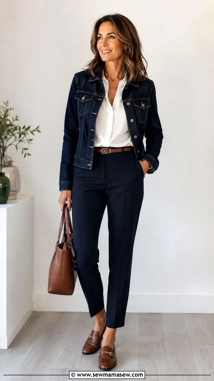 Denim jacket with loafers and tailored trousers outfit - 30 How to style a denim jacket over 40