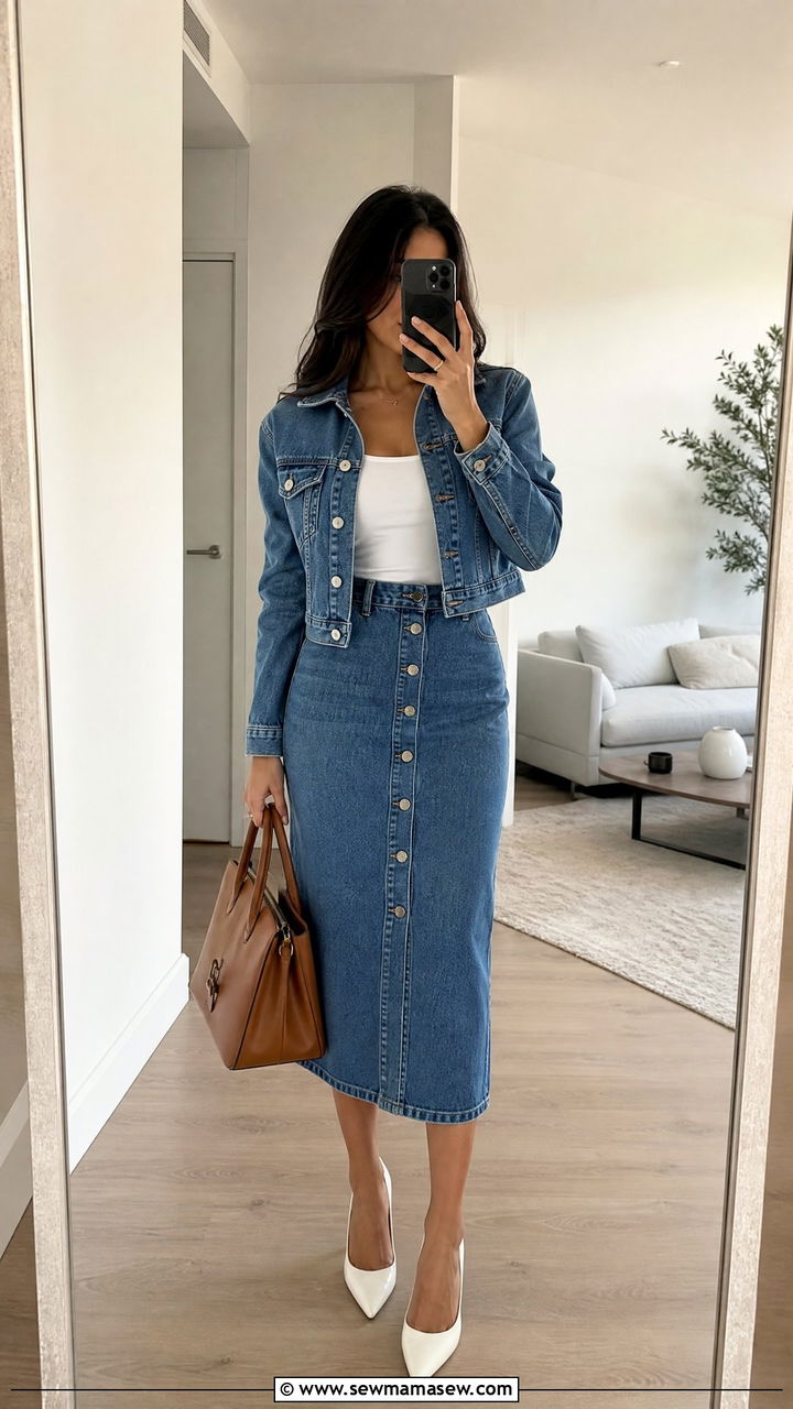 Denim jacket with matching denim midi skirt outfit - 25 classy denim skirt outfits