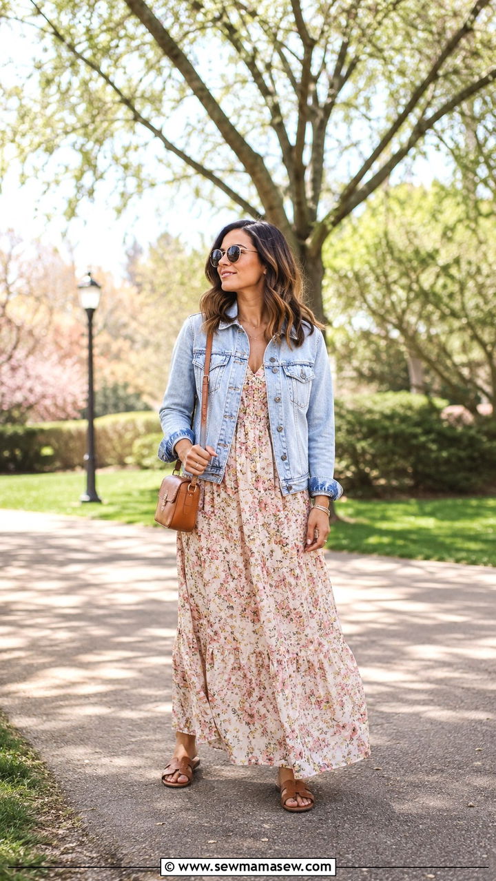 Denim jacket with maxi dress and flat sandals outfit - 30 Maxi dress with sandals outfit ideas