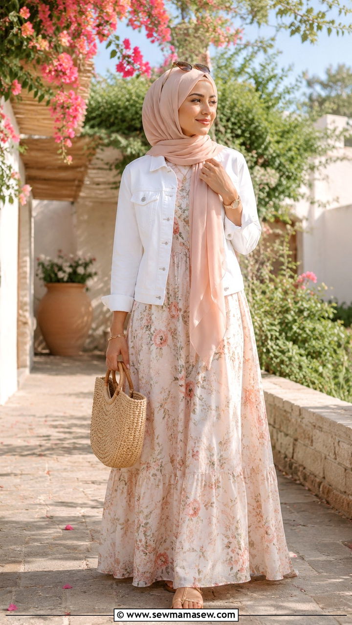 Denim jacket with maxi dress and hijab - 25 outfit ideas for hijab women