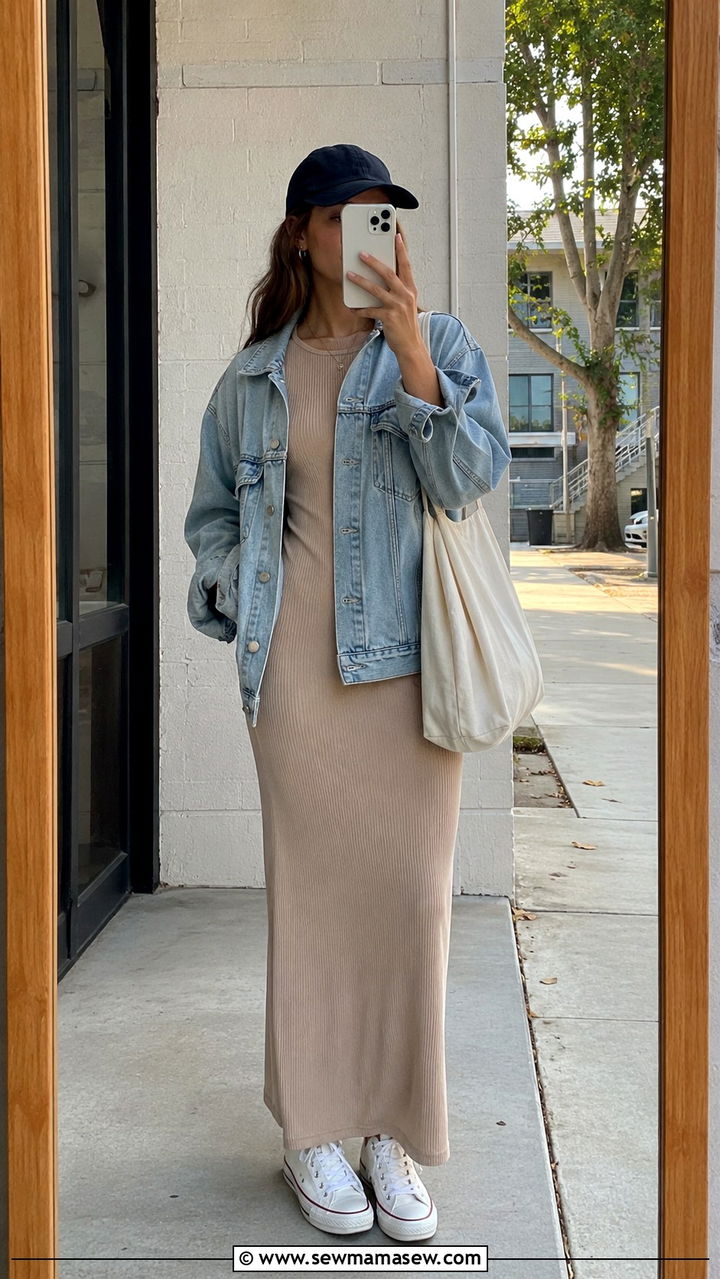 Denim jacket with maxi dress and sneakers - 30 Maxi dress with sneakers outfit ideas