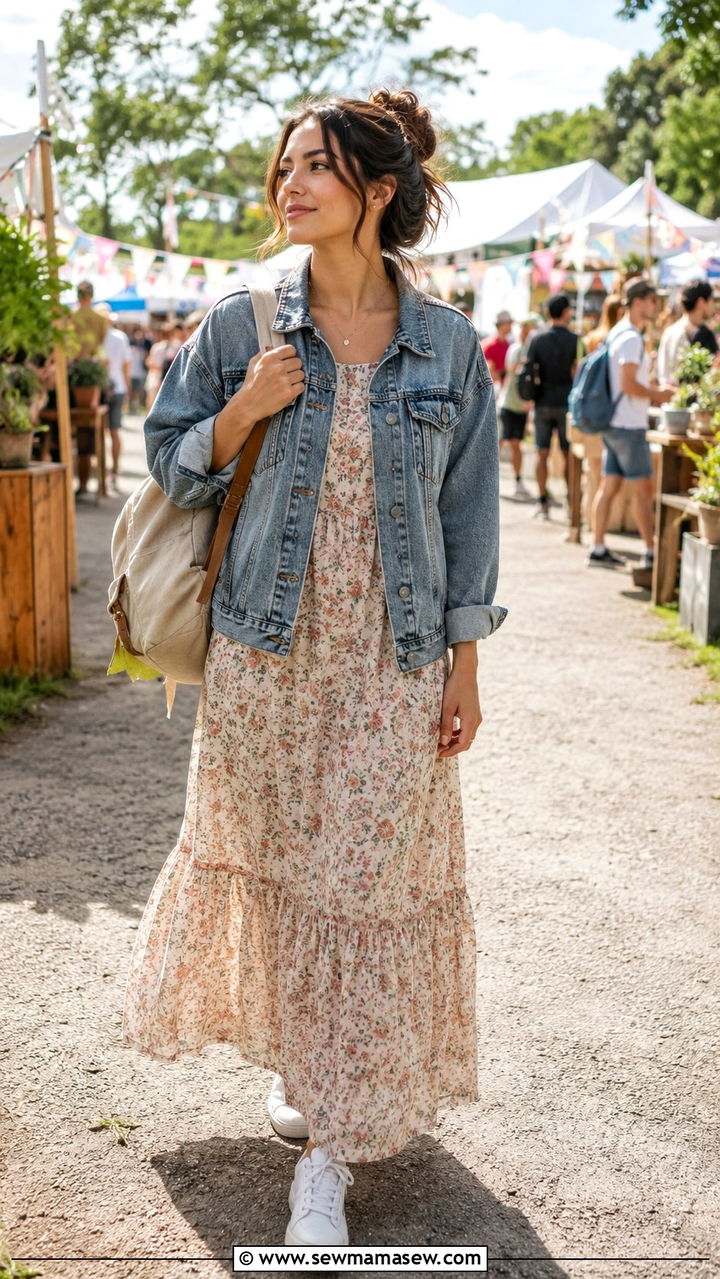 Denim jacket with maxi dress modest vacation outfit - 30 Modest outfit ideas for vacation