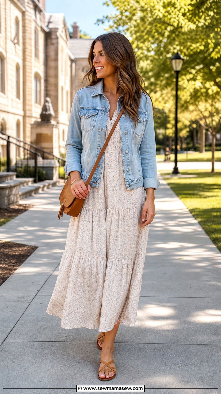 Denim jacket with maxi dress substitute outfit - 30 Substitute teacher outfit ideas