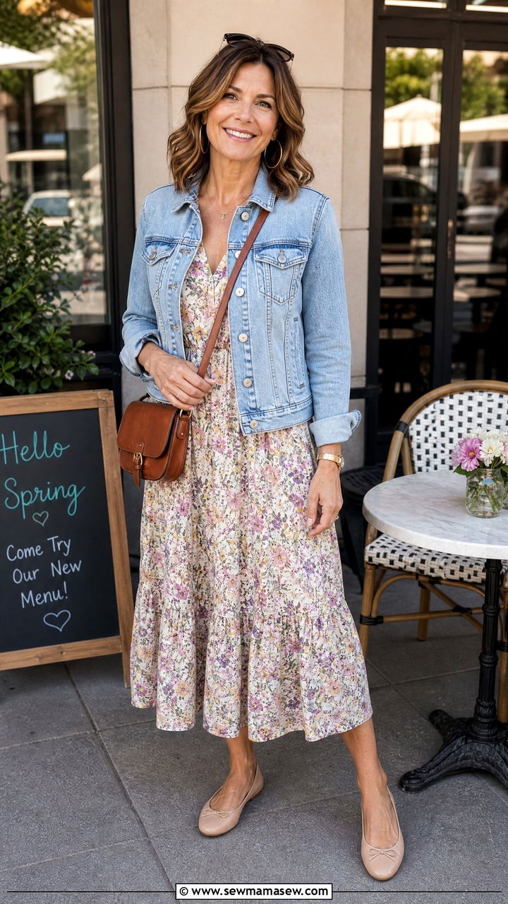 Denim jacket with midi dress and flats - 30 midi dress outfits for women over 40