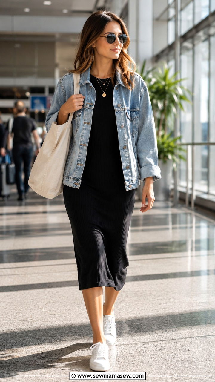 Denim jacket with midi dress and white sneakers - 30 casual airport outfits