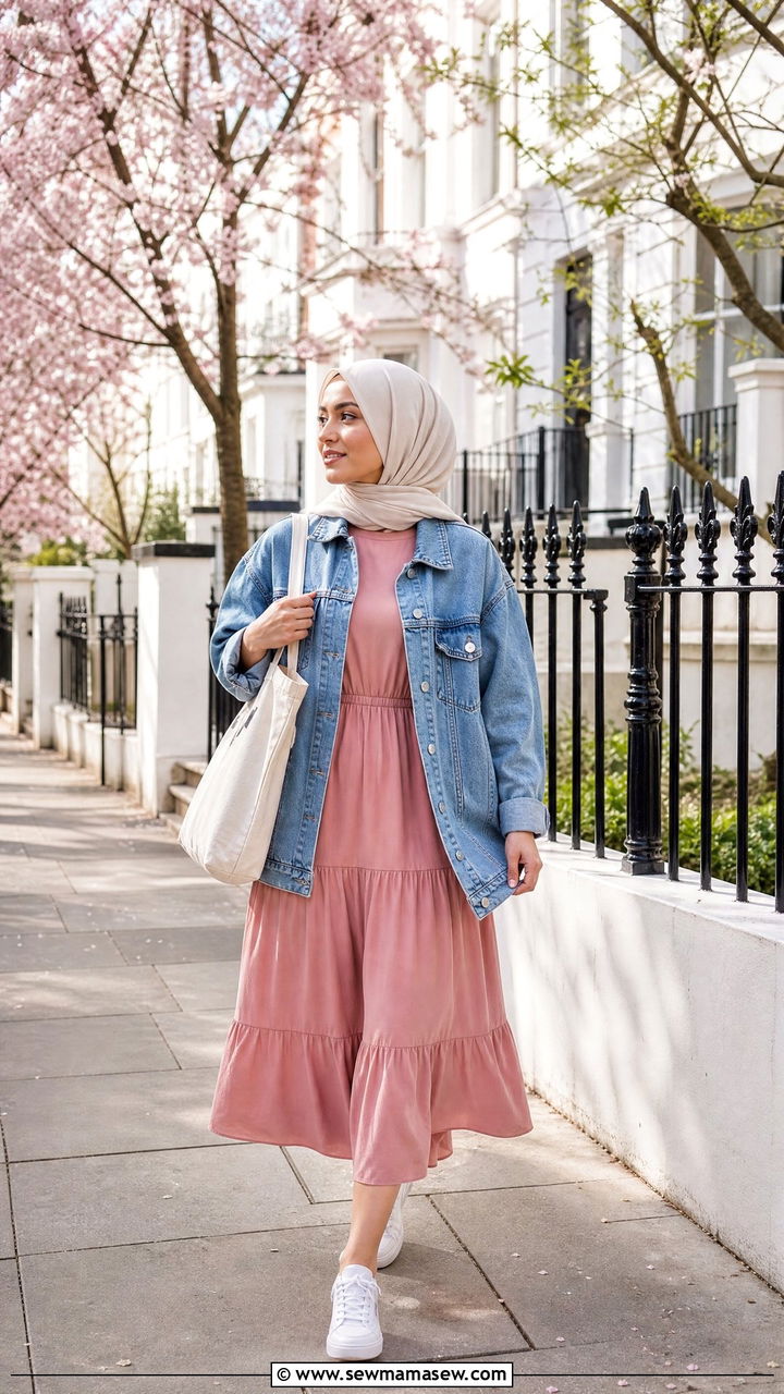 Denim jacket with midi dress hijab look - 30 hijab outfit ideas