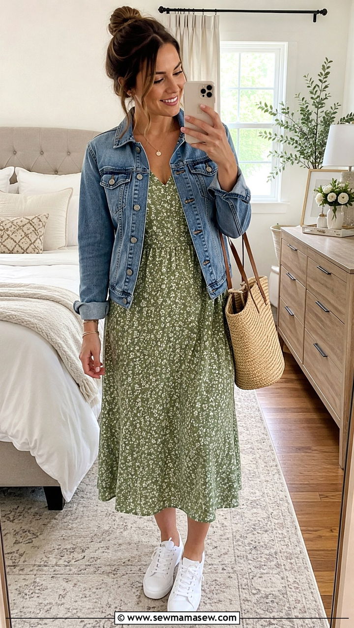 Denim jacket with midi dress - 25 nurse off duty outfit ideas