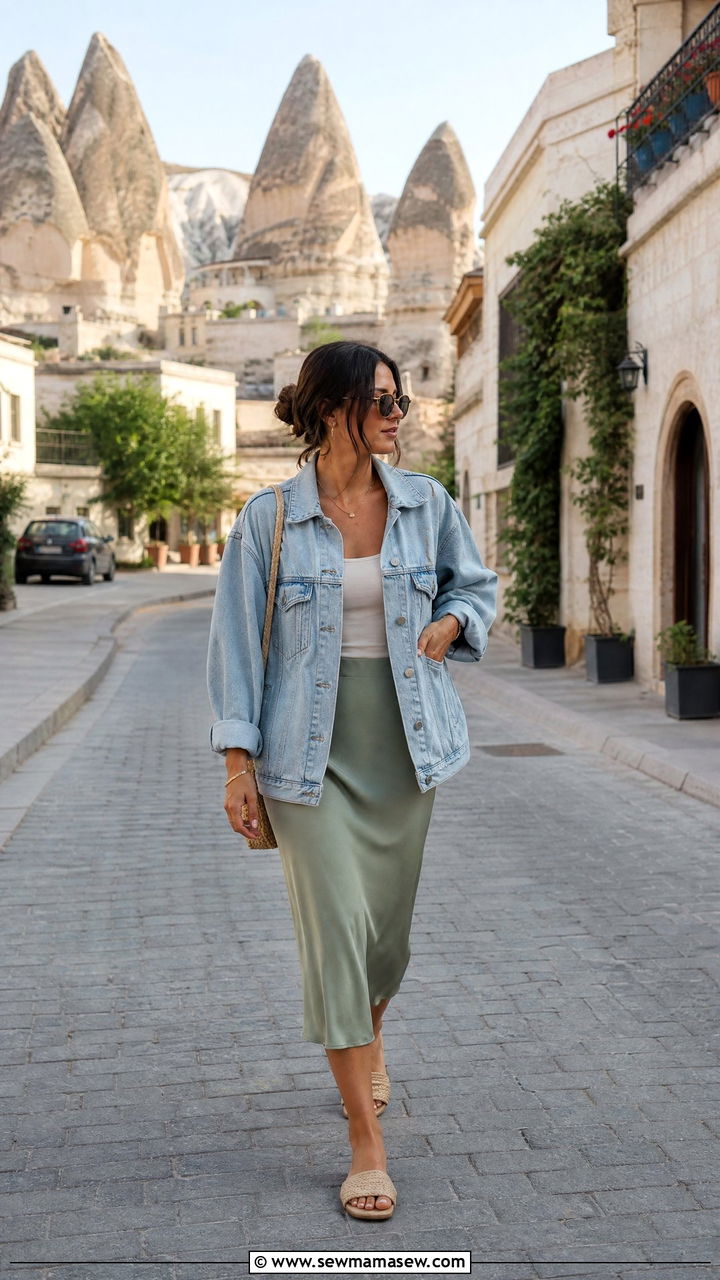 Denim jacket with midi skirt outfit for Cappadocia - 25 Cappadocia outfit ideas