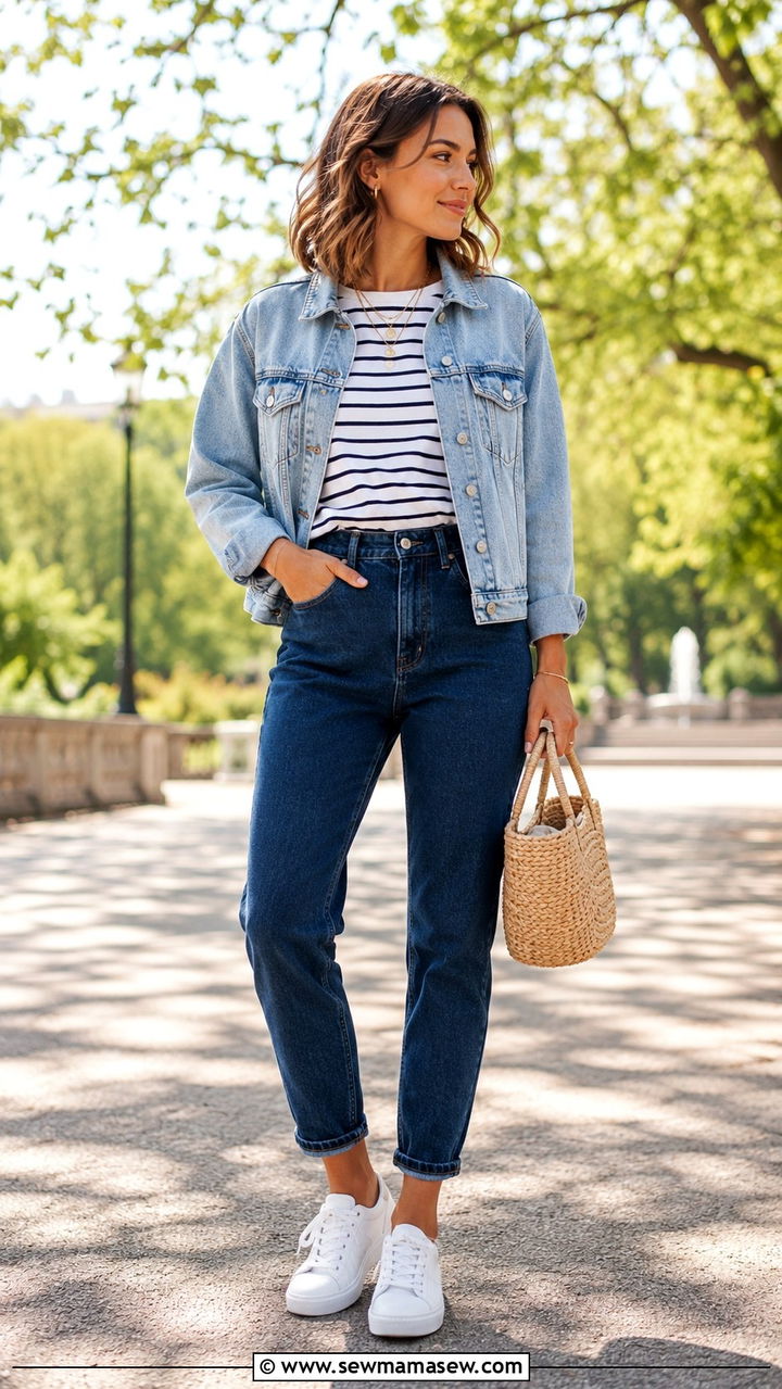 Denim jacket with mom jeans and white sneakers - 30 How to style mom jeans