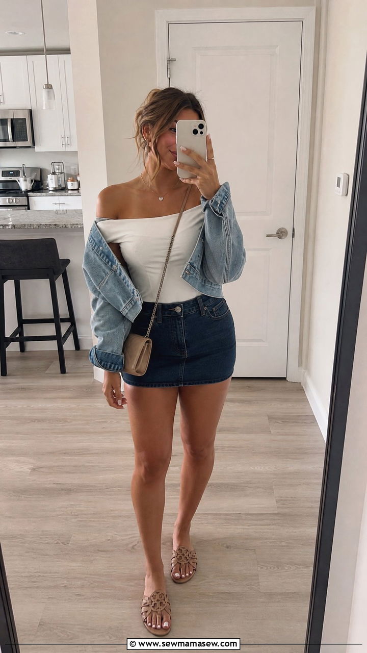 Denim jacket with off shoulder top and denim mini skirt - 30 summer denim jacket outfit ideas