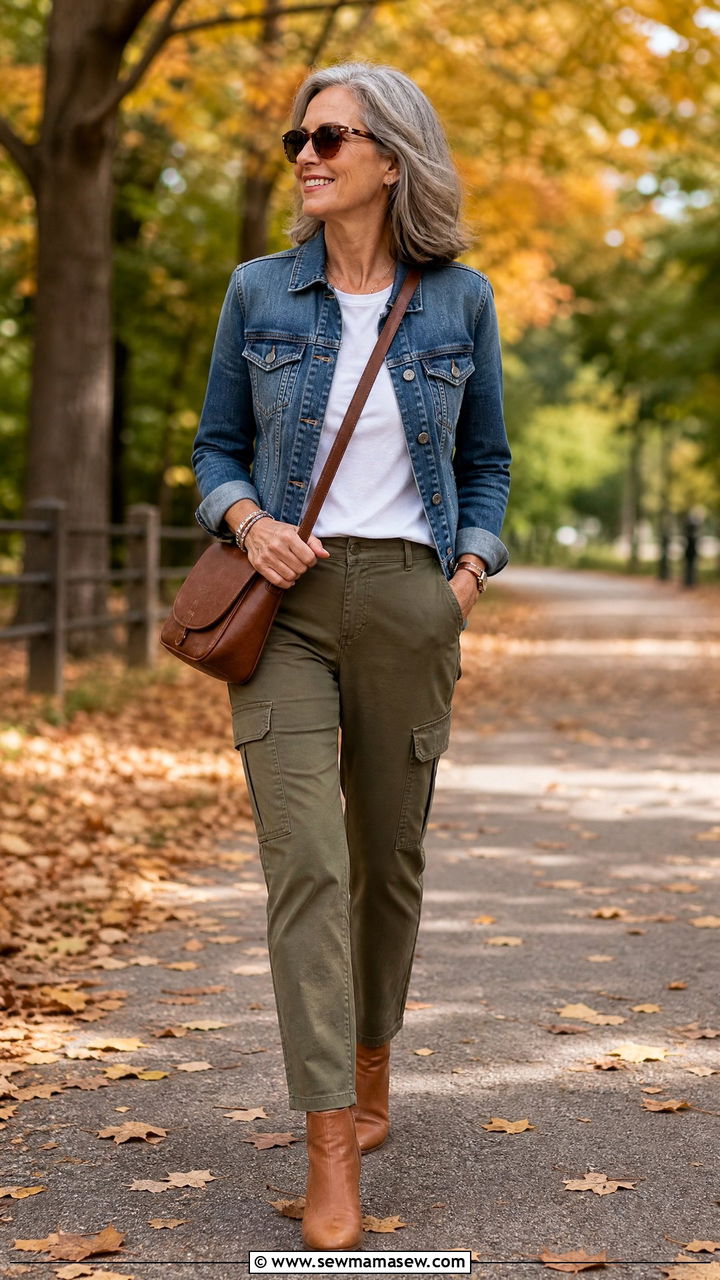 Denim jacket with olive cargo pants - 25 How to style a denim jacket over 50