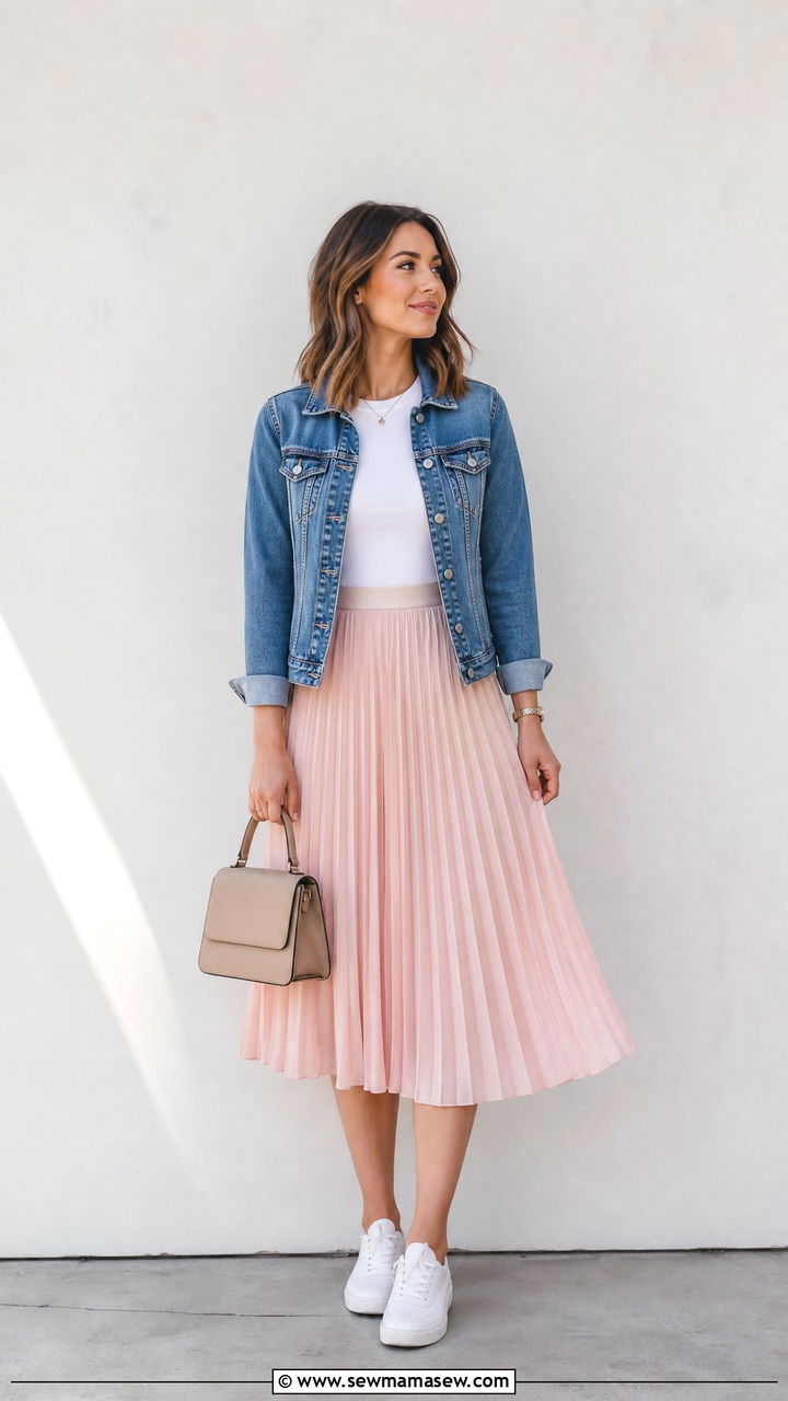 Denim jacket with pleated midi skirt outfit - 35 How to style a denim jacket in spring