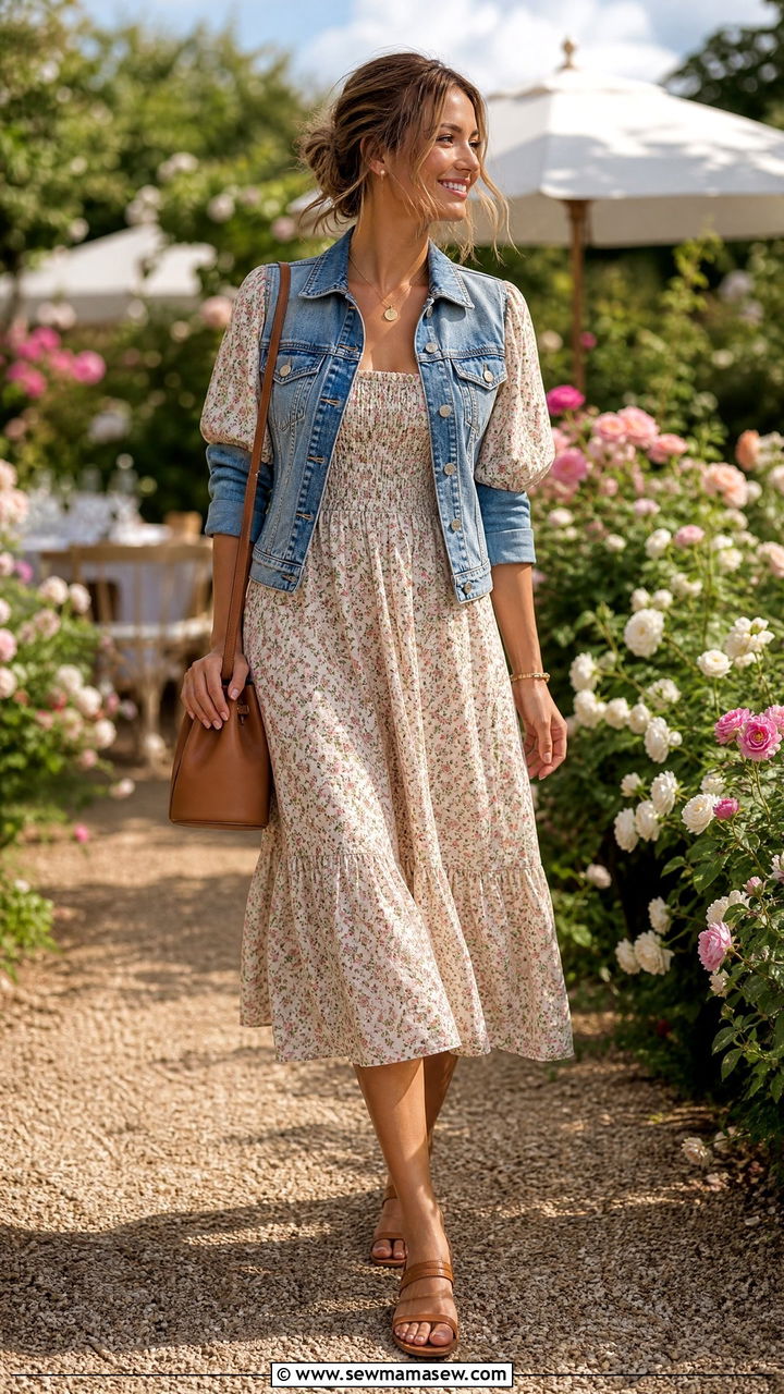 Denim jacket with prairie dress and flat sandals - 35 How to style a denim jacket in summer