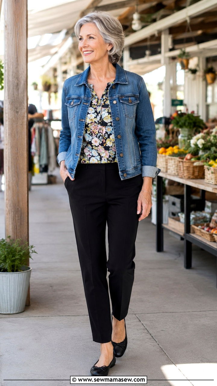 Denim jacket with printed blouse and black tapered trousers - 30 Plus size outfit ideas for women over 60