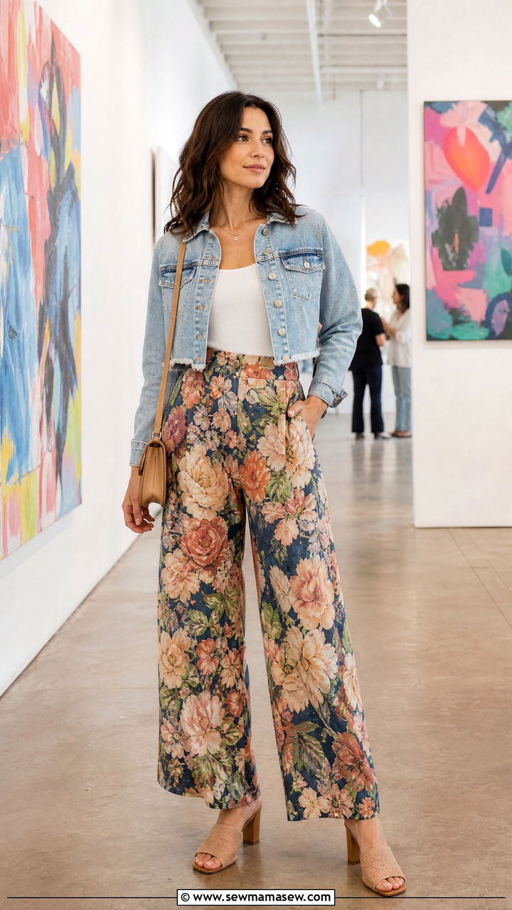 Denim jacket with printed wide leg trousers outfit - 35 How to style a denim jacket in spring