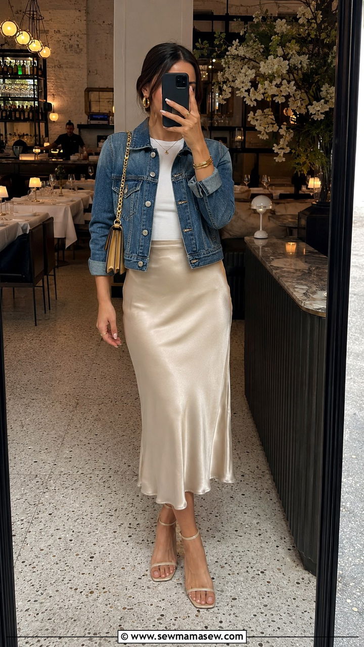 Denim jacket with satin midi skirt - 30 Spring outfits with denim jackets
