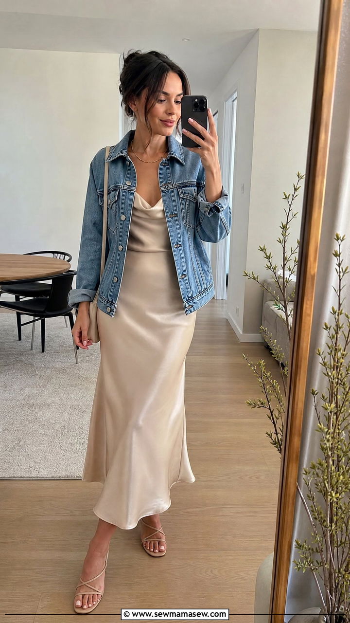 Denim jacket with satin slip skirt and camisole - 35 How to style a denim jacket in summer