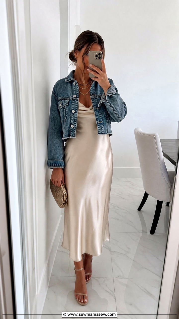 Denim jacket with slip dress - 30 summer denim jacket outfit ideas