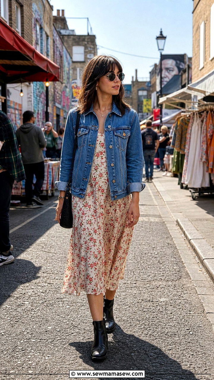 Denim jacket with summer dress and ankle boots - 40 London outfit ideas