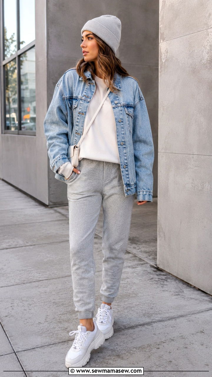 Denim jacket with sweatpants - 30 Spring outfits with denim jackets
