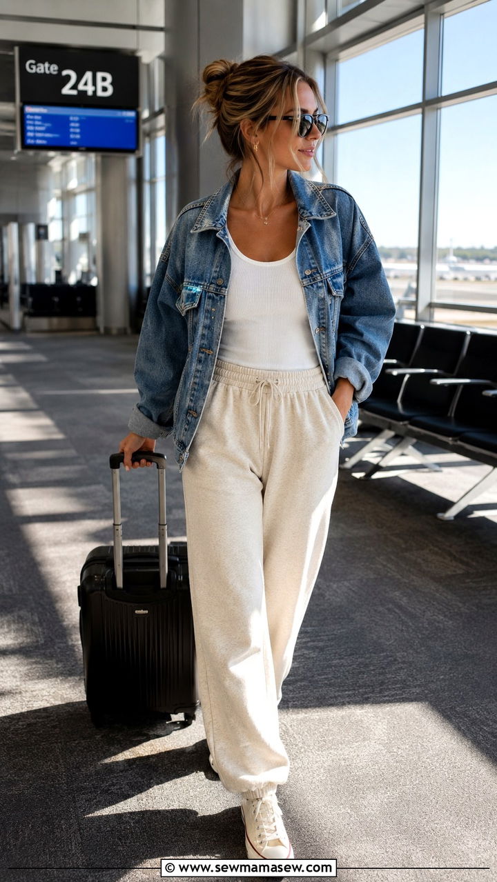 Denim jacket with sweatpants travel outfit - 25 Airport outfit ideas with sweatpants