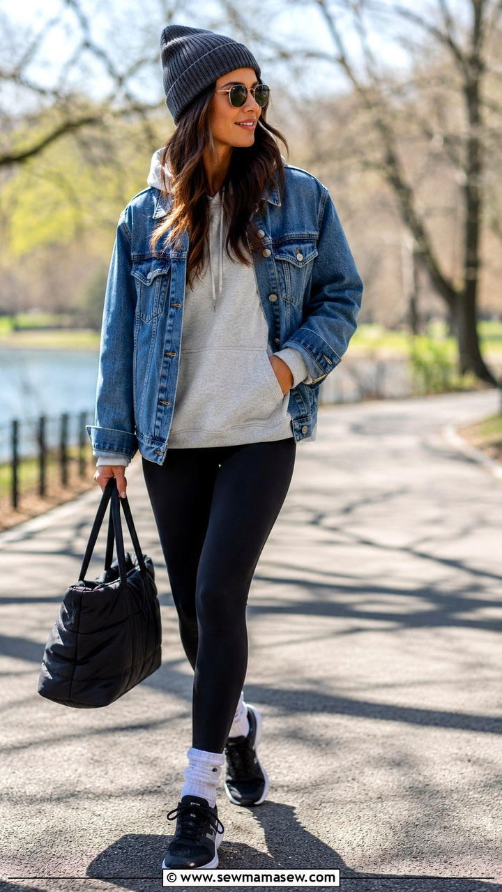 Denim jacket with sweatshirt and leggings - 30 Spring outfits with denim jackets