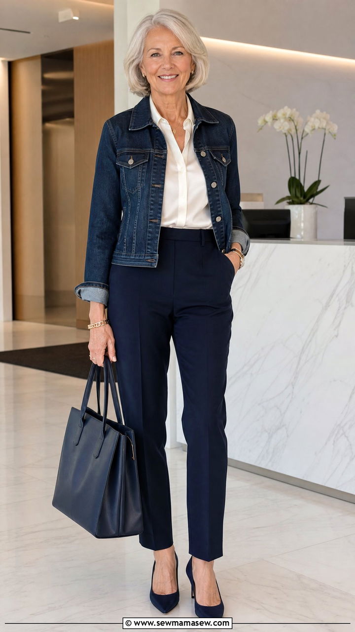 Denim jacket with tailored trousers and silk blouse - 25 How to style a denim jacket over 60