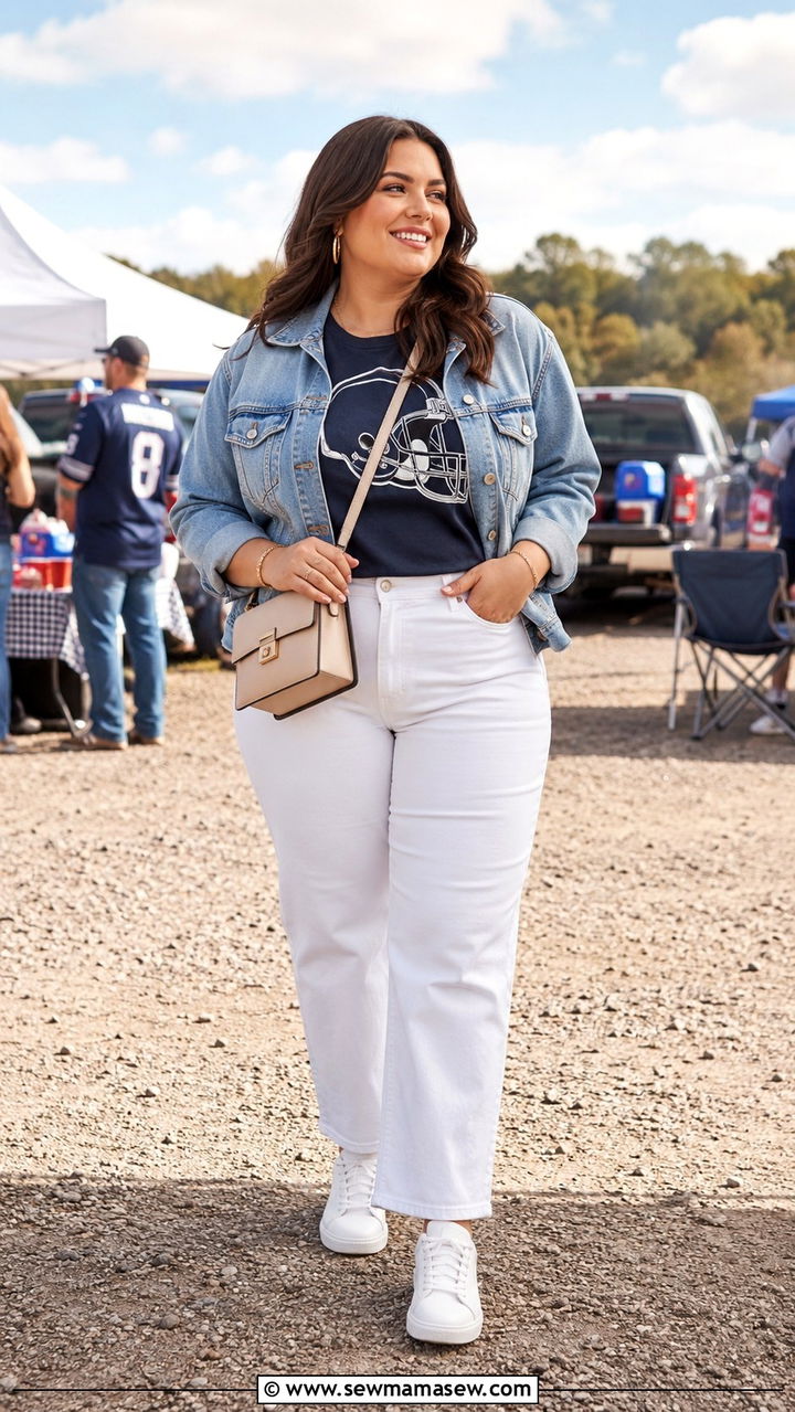 Denim jacket with team tee and white jeans outfit - 30 Plus size tailgate outfit ideas