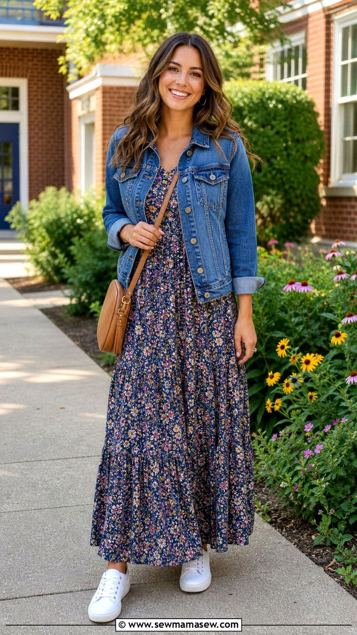 Denim jacket with tiered maxi dress - 40 classy teacher outfits