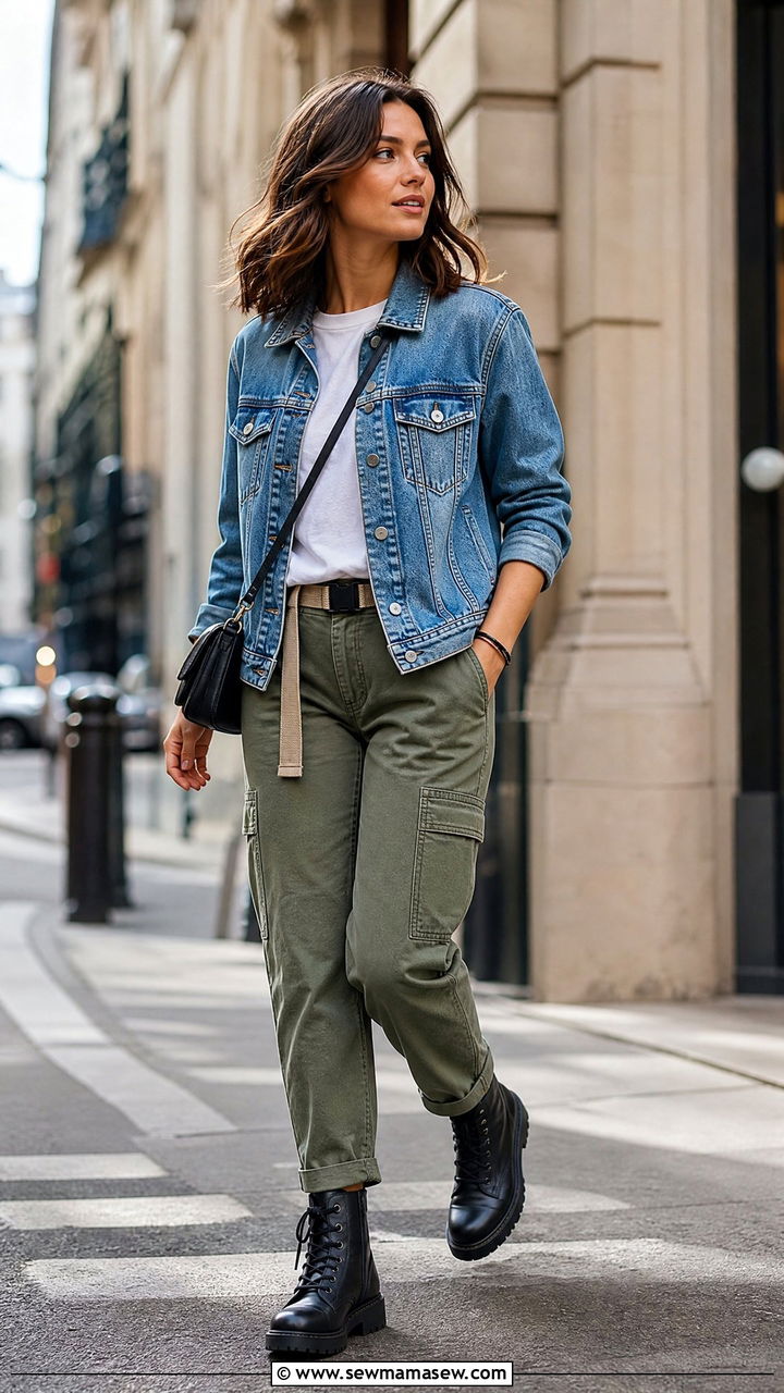 Denim jacket with utility trousers outfit - 35 How to style a denim jacket in spring