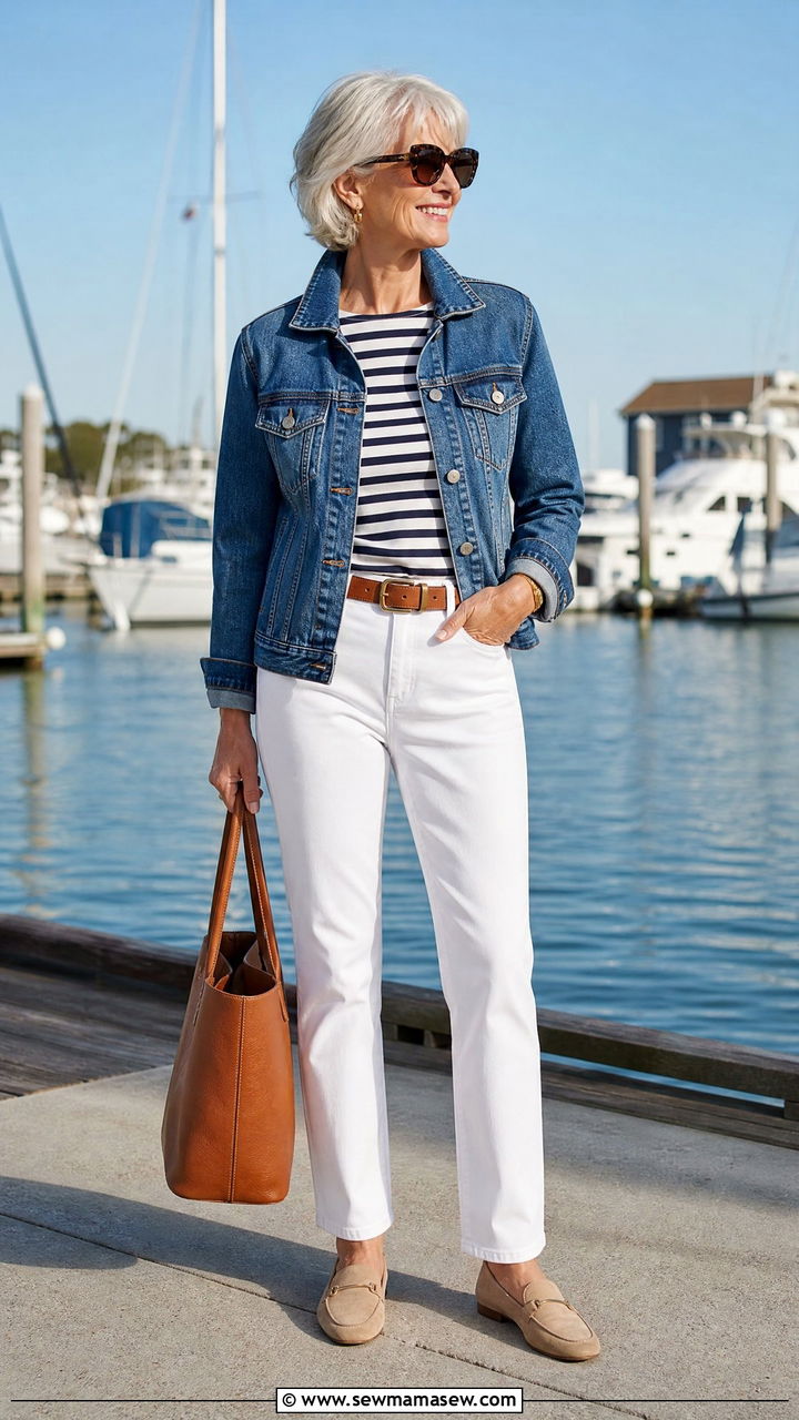 Denim jacket with white jeans and striped boatneck top - 25 How to style a denim jacket over 60