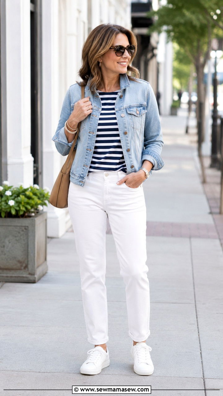 Denim jacket with white jeans outfit - 30 How to style a denim jacket over 40