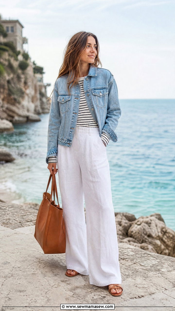 Denim jacket with white linen pants outfit - 35 How to style a denim jacket in spring