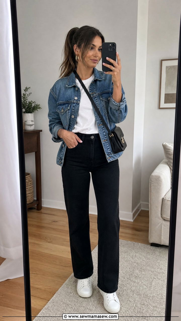 Denim jacket with white tee and black jeans outfit - 35 How to style a denim jacket in spring