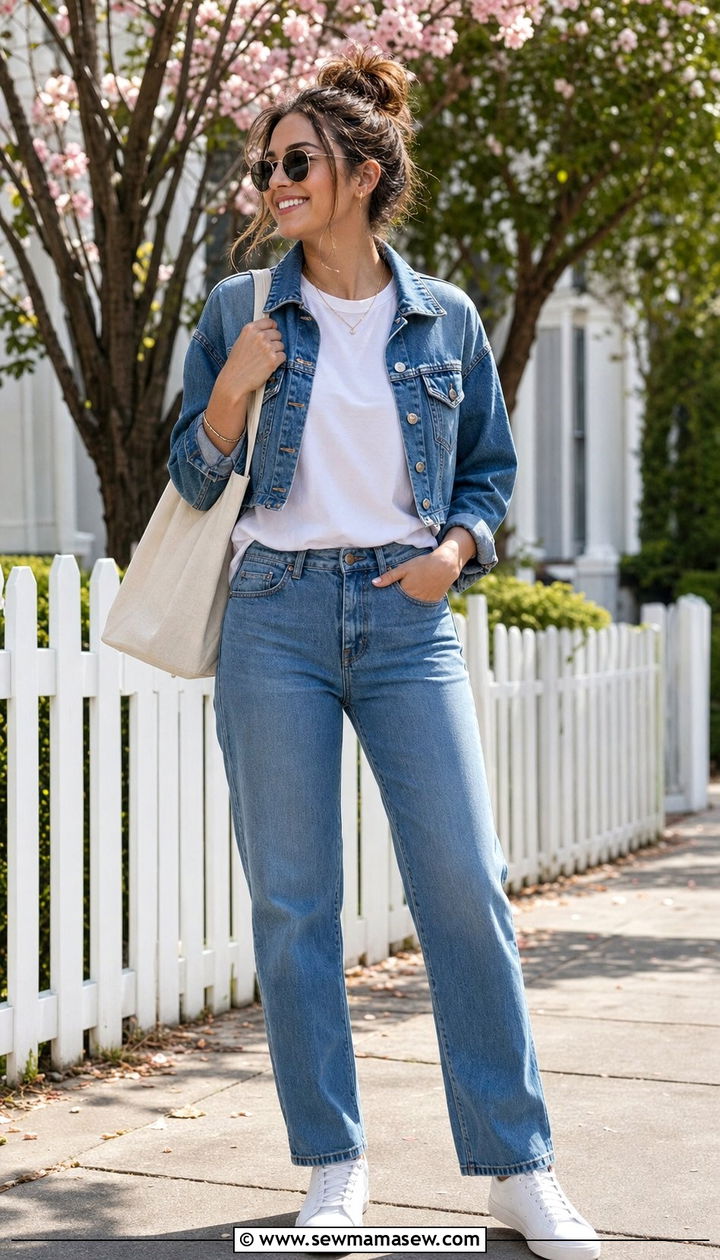 Denim jacket with white tee and straight leg jeans - 25 Sofia Richie spring outfit ideas