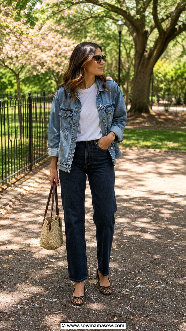 Denim jacket with white tee and straight leg jeans outfit - 30 In between season outfit ideas