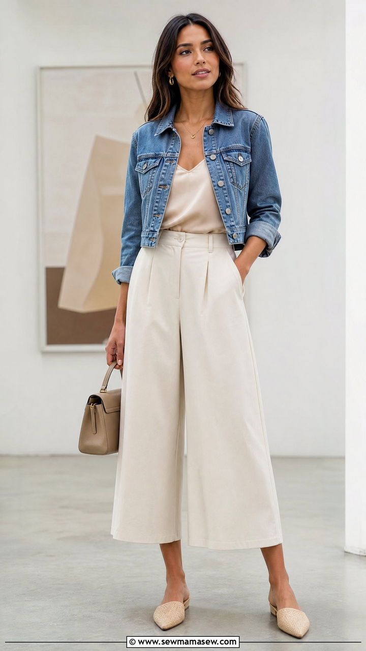 Denim jacket with wide leg culottes outfit - 35 How to style a denim jacket in spring