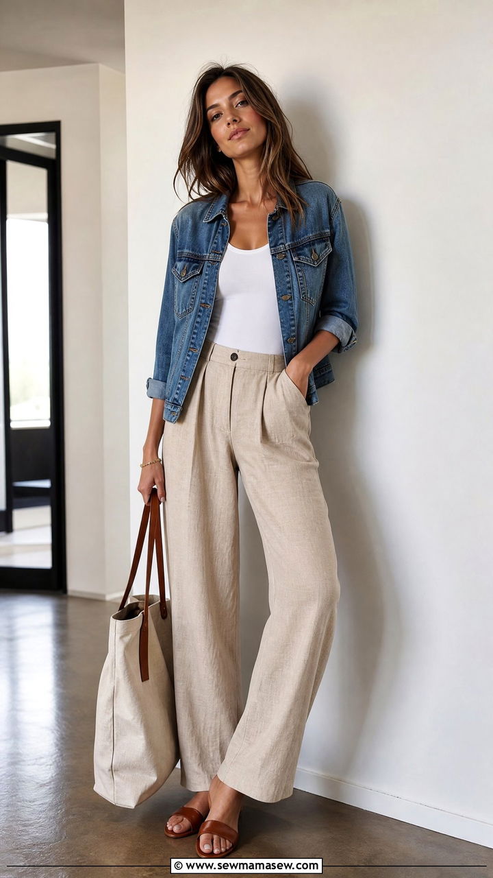 Denim jacket with wide leg linen pants and bodysuit - 35 How to style a denim jacket in summer
