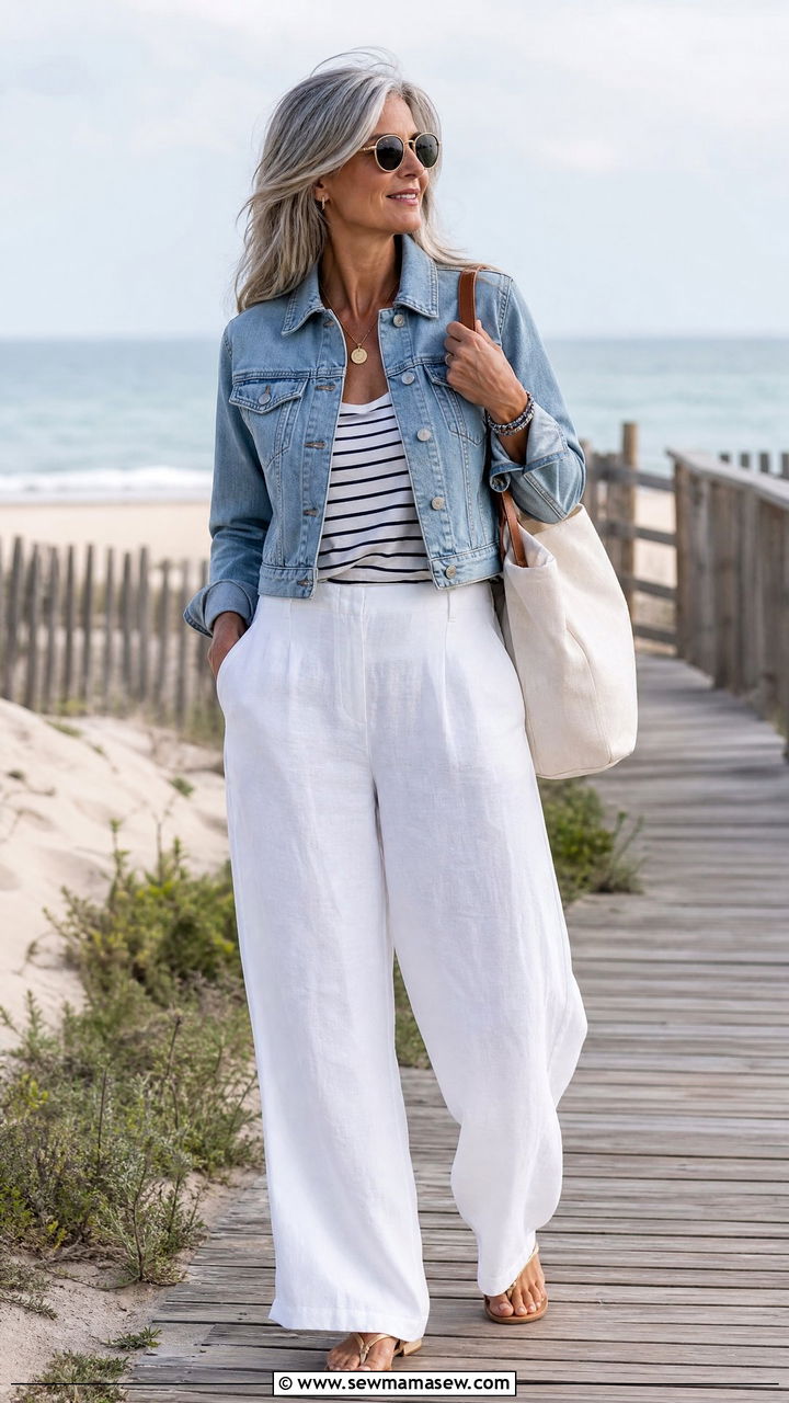 Denim jacket with wide leg linen pants and flat sandals - 25 How to style a denim jacket over 60
