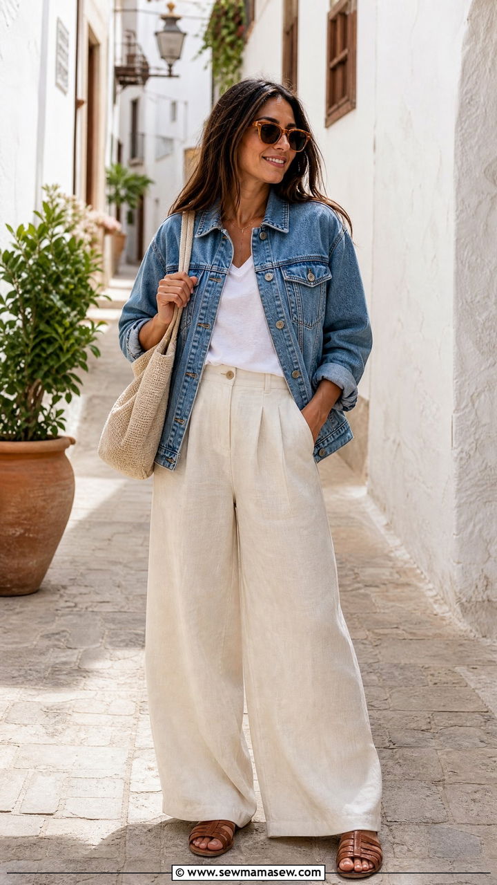 Denim jacket with wide leg linen pants - 30 summer denim jacket outfit ideas