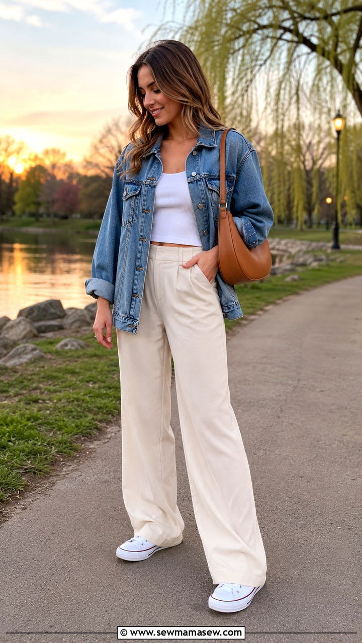 Denim jacket with wide leg pants and sneakers outfit - 25 Wide leg pants outfit ideas with sneakers