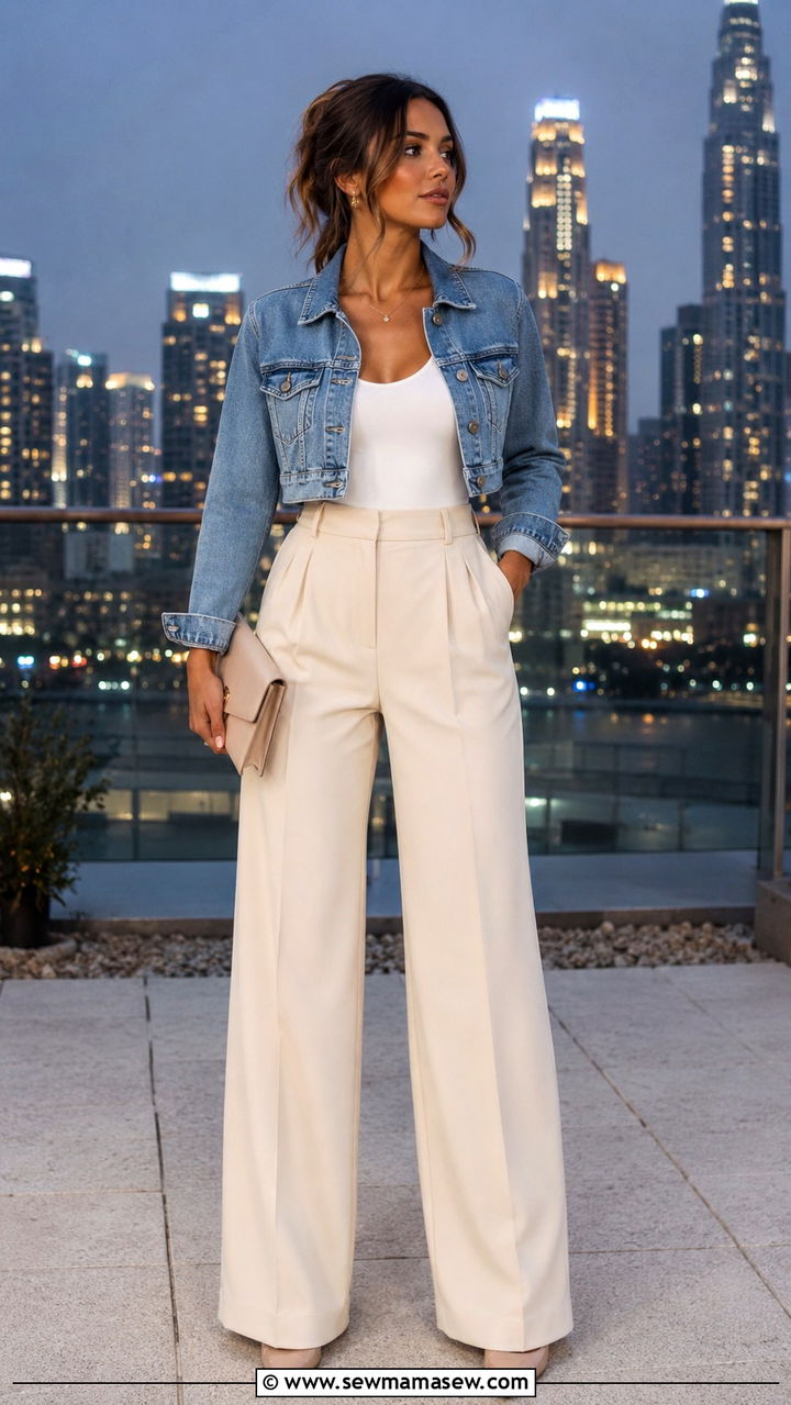 Denim jacket with wide leg trousers and crop top - 30 Spring outfits with denim jackets