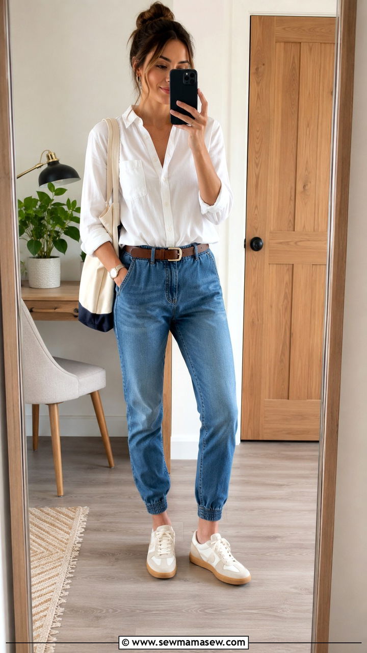Denim joggers with button up and sneakers - 30 casual joggers outfits