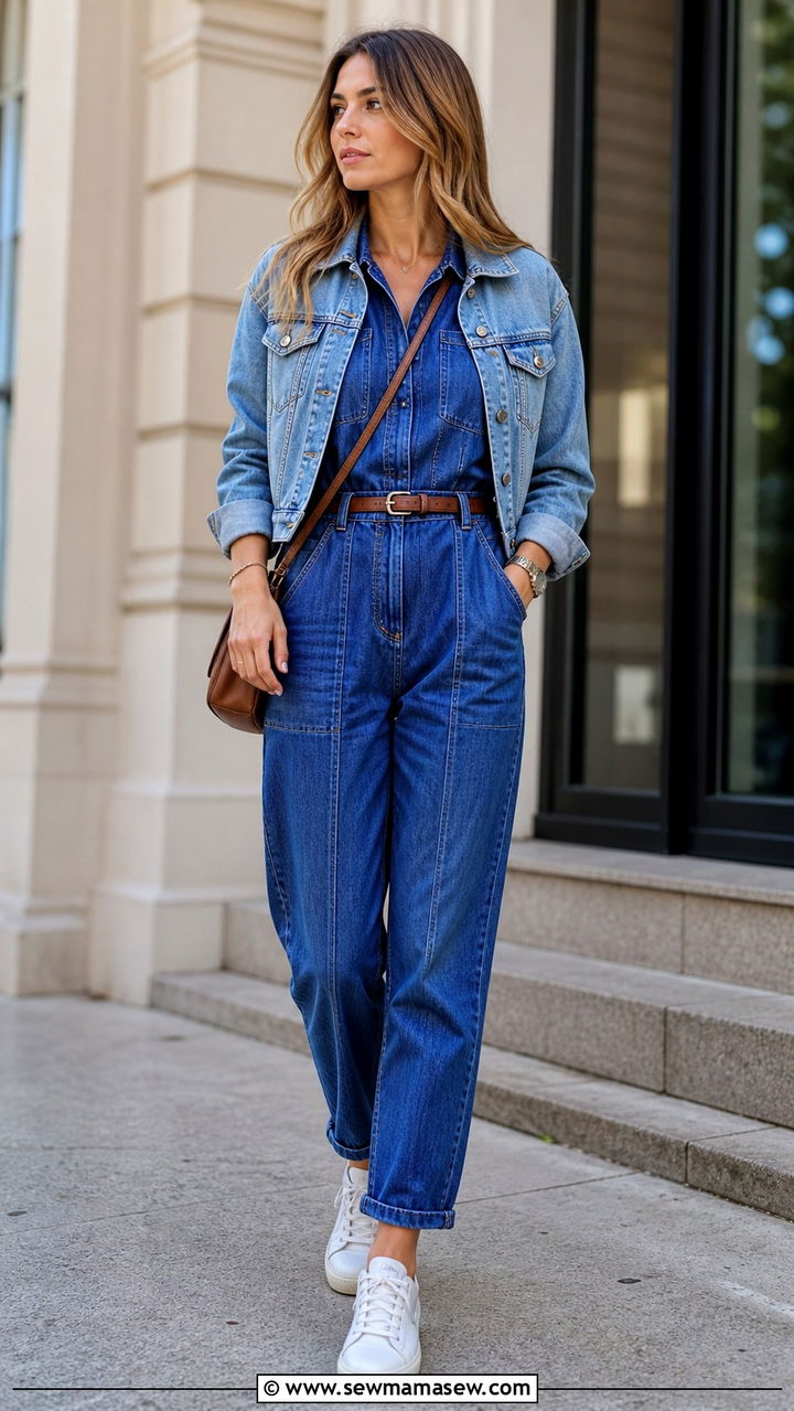 Denim jumpsuit layered with a denim jacket - 40 Denim on denim outfit ideas