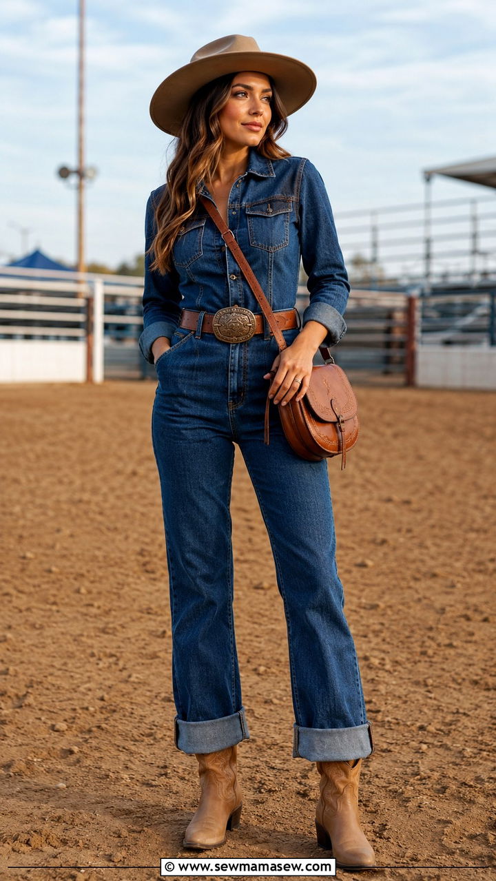 Denim jumpsuit rodeo outfit with hat - 30 Rodeo outfit ideas