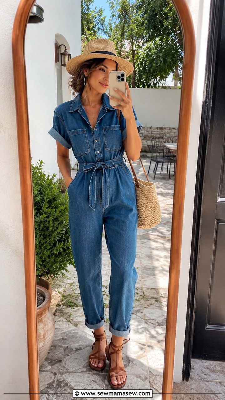 Denim jumpsuit with a belt and sandals - 25 Petite outfit ideas for brunch