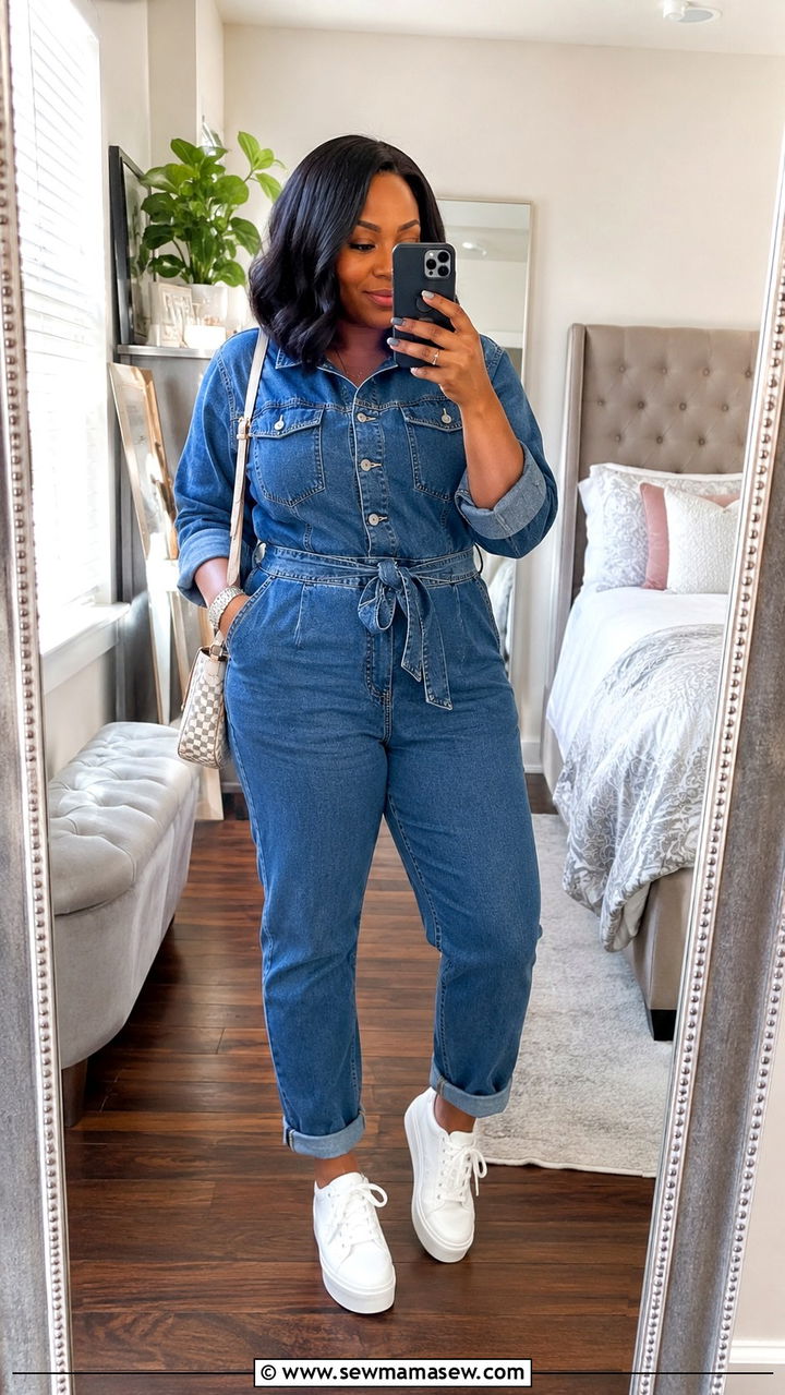 Denim jumpsuit with sneakers - 30 Petite plus size outfit ideas