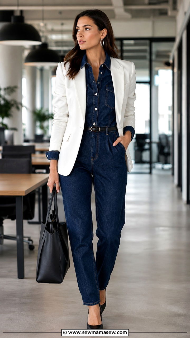 Denim jumpsuit work outfit with blazer - 30 How to style a jumpsuit for work